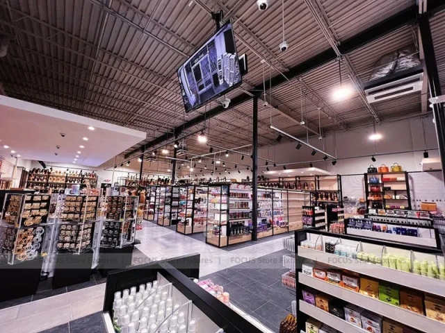 Black Framed Beauty Supply Store with Central Service Island for Wig Shop