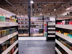 Black Framed Beauty Supply Store with Central Service Island for Wig Shop