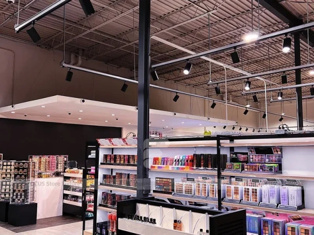 Black Framed Beauty Supply Store with Central Service Island for Wig Shop