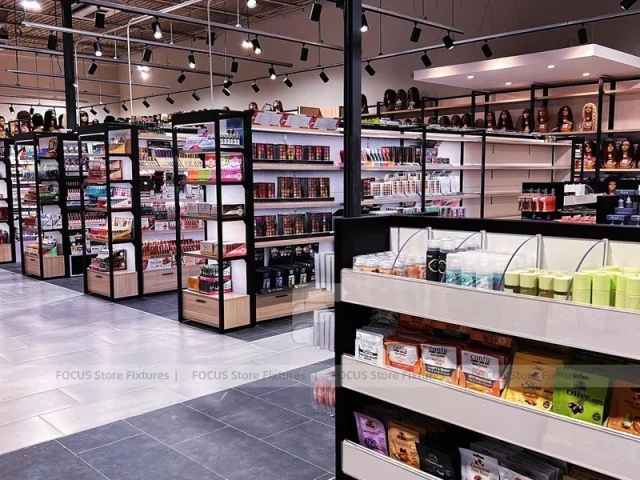 Black Framed Beauty Supply Store with Central Service Island for Wig Shop