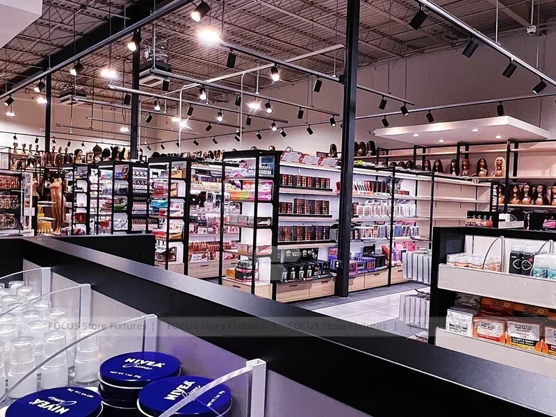 Black Framed Beauty Supply Store with Central Service Island for Wig Shop