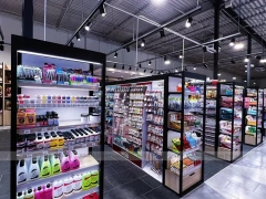 Black Framed Cosmetics Aisle with Illuminated Wall Shelves for Wig Shop