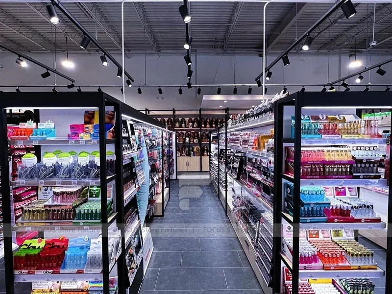 Black Framed Cosmetics Aisle with Illuminated Wall Shelves for Wig Shop