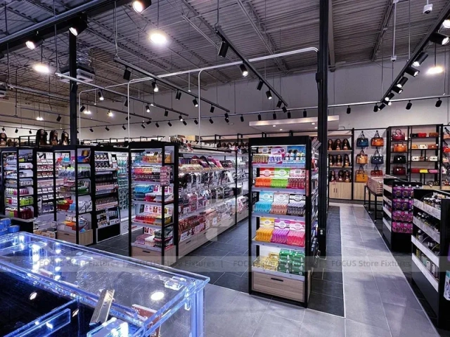 Black Framed Cosmetics Aisle with Illuminated Wall Shelves for Wig Shop