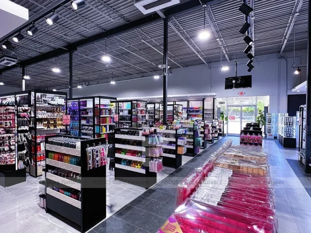 Black Framed Cosmetics Aisle with Illuminated Wall Shelves for Wig Shop