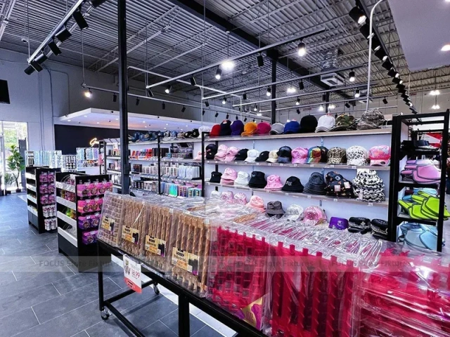 Black Framed Cosmetics Aisle with Illuminated Wall Shelves for Wig Shop