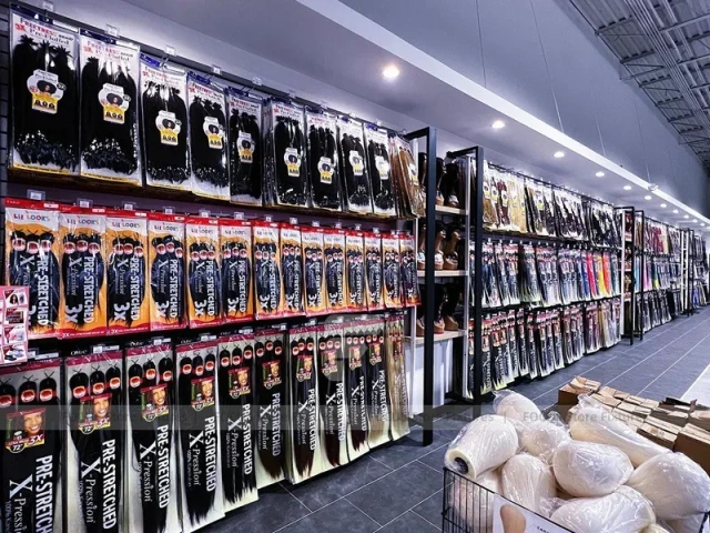 Black Framed Cosmetics Aisle with Illuminated Wall Shelves for Wig Shop