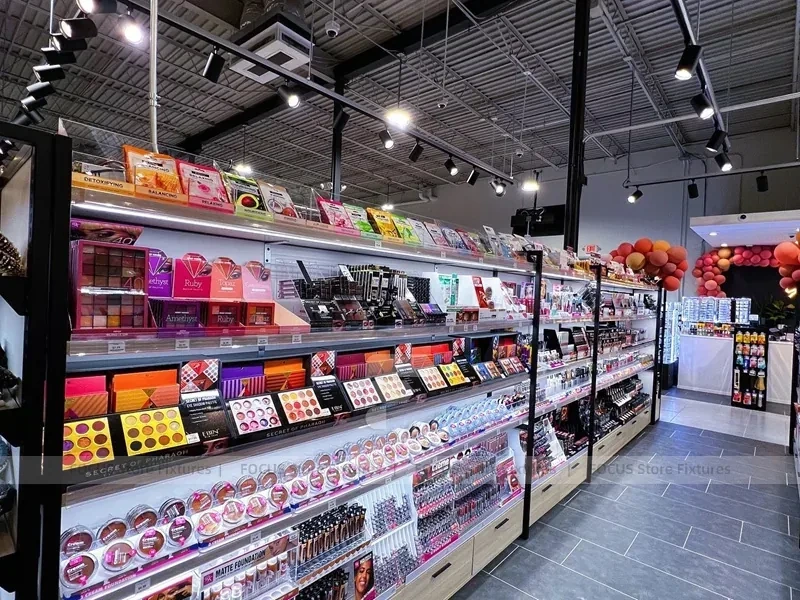 Black Framed Cosmetics Wall and Gondola Aisle Layout for Wig Shop