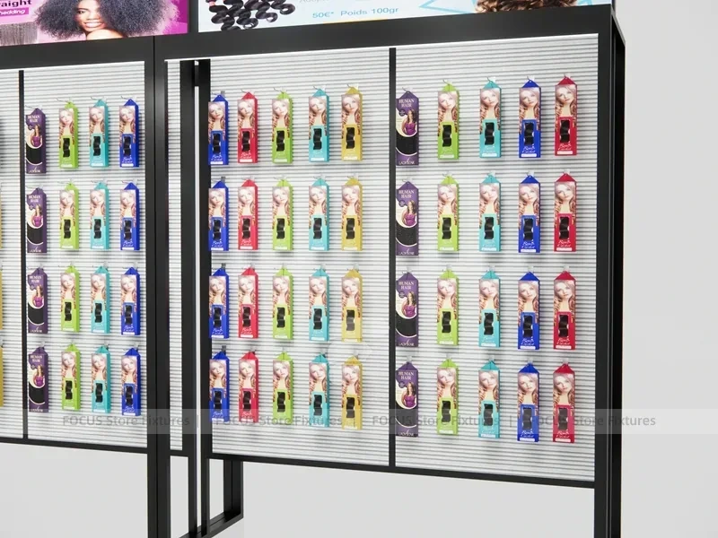 Black Framed Hair Extension Panel Wall with Center Shelves for Beauty Store