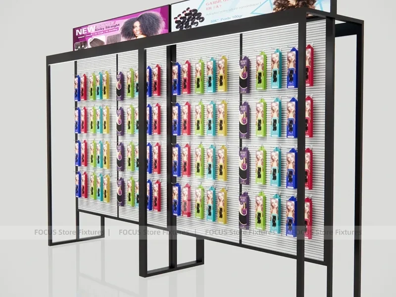 Black Framed Hair Extension Panel Wall with Center Shelves for Beauty Store