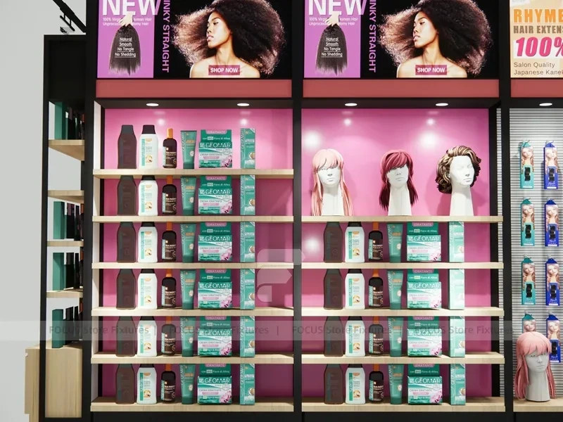 Black Framed Hair Extension Panel Wall with Center Shelves for Beauty Store