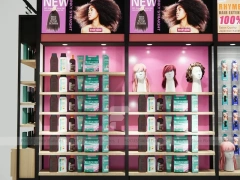 Black Framed Hair Extension Panel Wall with Center Shelves for Beauty Store