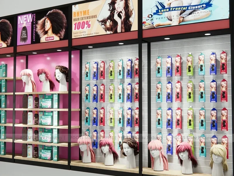 Black Framed Hair Extension Panel Wall with Center Shelves for Beauty Store