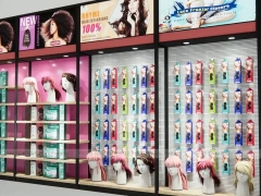 Black Framed Hair Extension Panel Wall with Center Shelves for Beauty Store