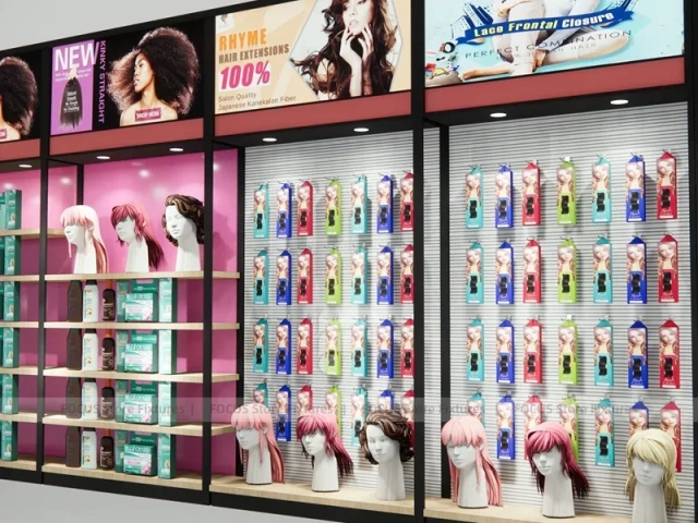 Black Framed Hair Extension Panel Wall with Center Shelves for Beauty Store