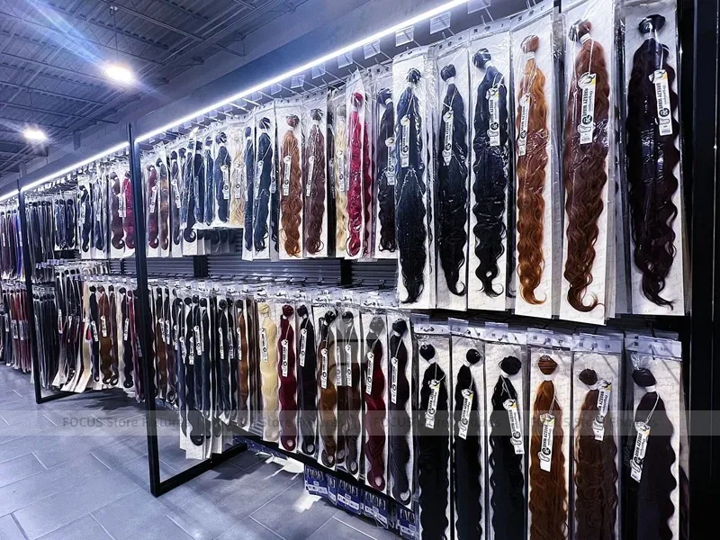 Black Framed Slatwall Corridor for Packaged Hair Display for Wig Store