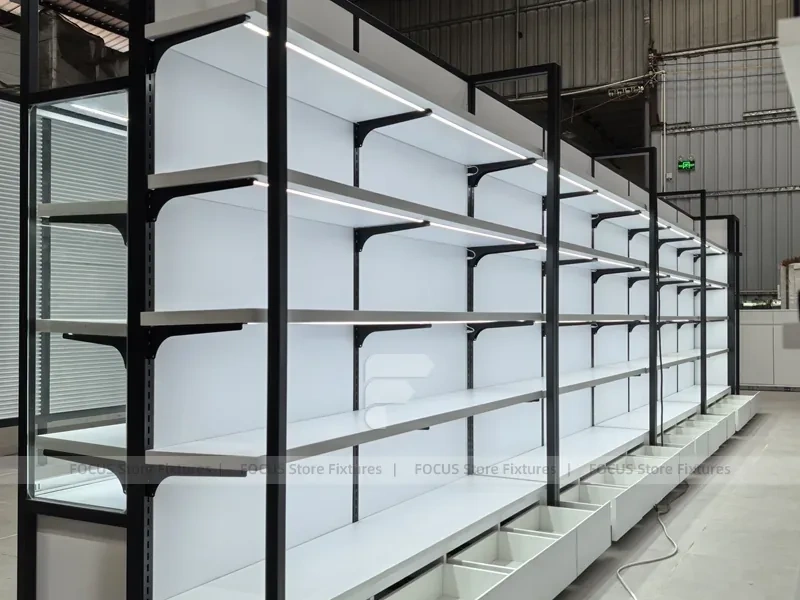 Black Framed White Long Wall Shelving with Planter Base for Wig Store