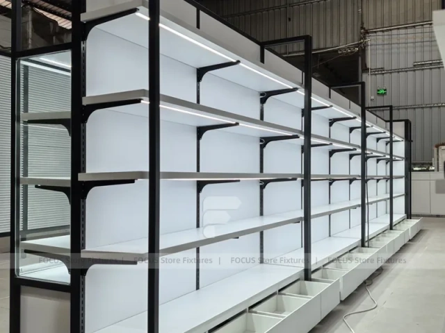 Black Framed White Long Wall Shelving with Planter Base for Wig Store