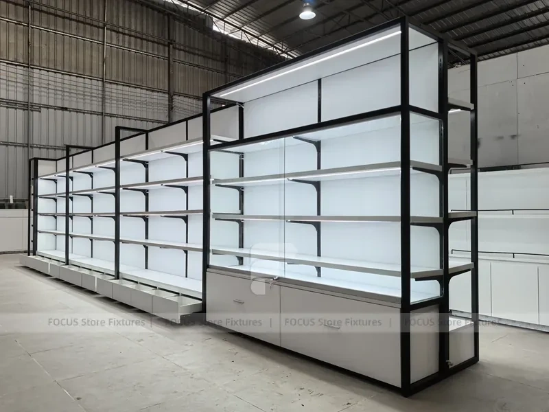 Black Framed White Long Wall Shelving with Planter Base for Wig Store