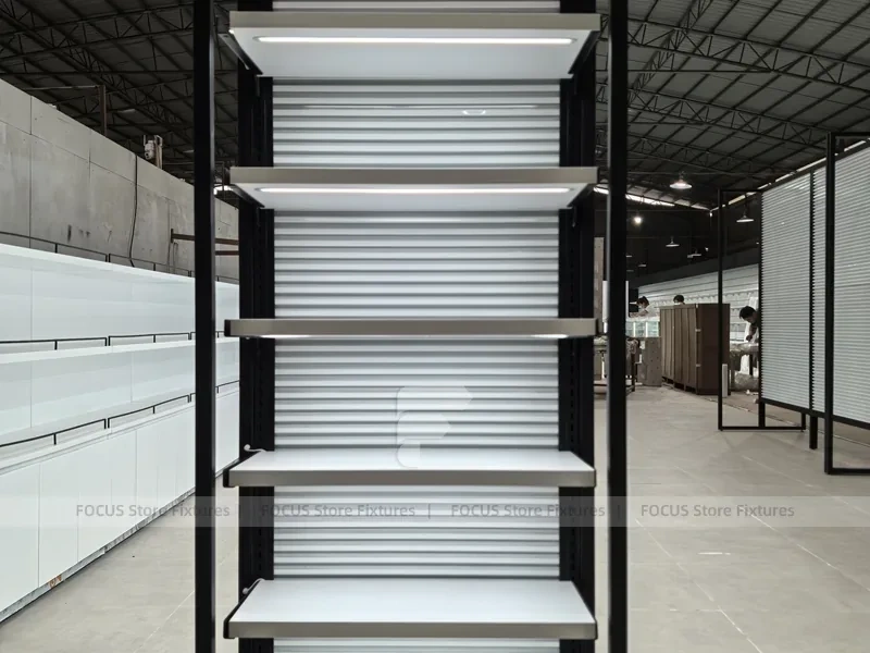 Black Framed White Long Wall Shelving with Planter Base for Wig Store