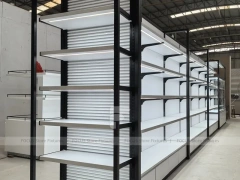 Black Framed White Long Wall Shelving with Planter Base for Wig Store