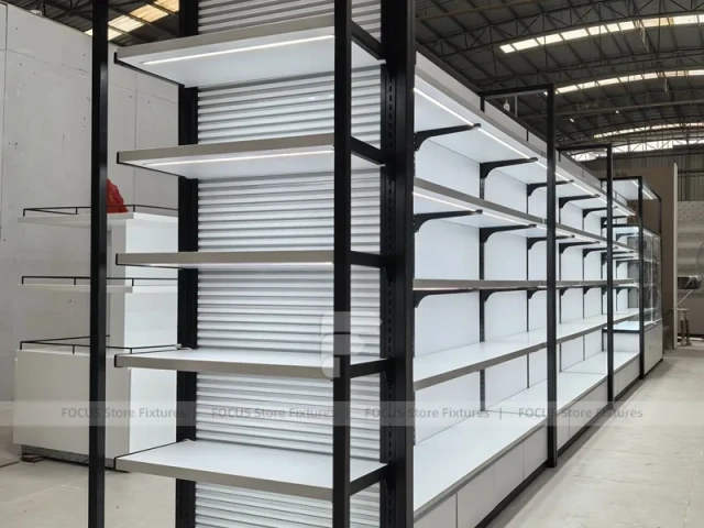 Black Framed White Long Wall Shelving with Planter Base for Wig Store