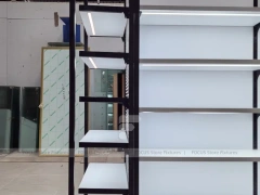 Black Framed White Long Wall Shelving with Planter Base for Wig Store