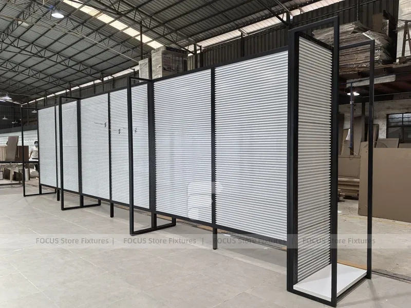 Black Framed White Long Wall Shelving with Planter Base for Wig Store