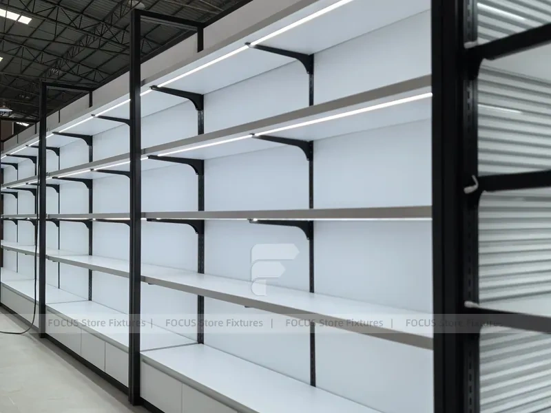 Black Framed White Long Wall Shelving with Planter Base for Wig Store