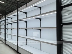 Black Framed White Long Wall Shelving with Planter Base for Wig Store