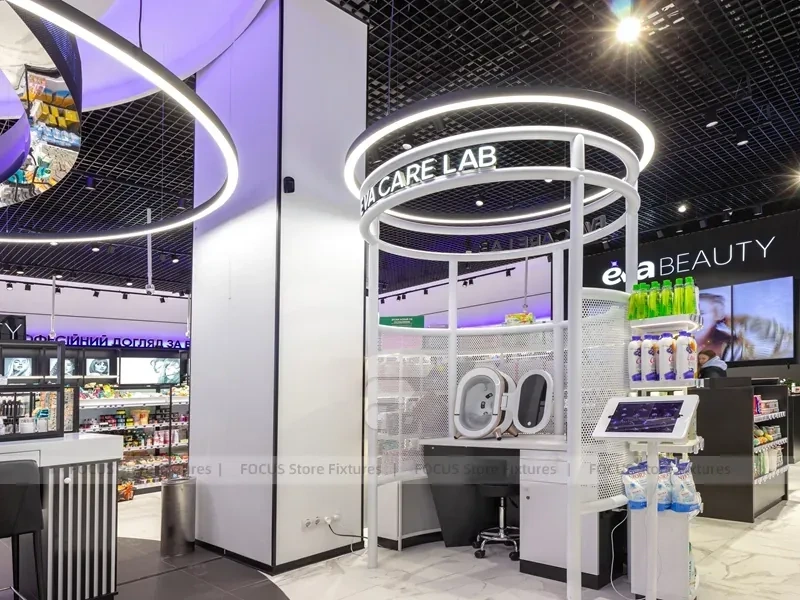 Black and Bronze Beauty Supply Feature Wall Shelving for Wig Shop