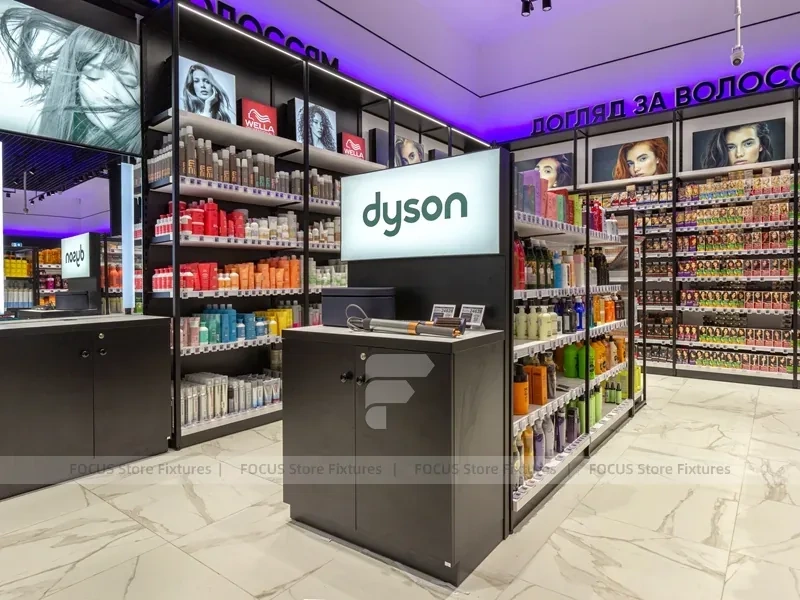 Black and Bronze Beauty Supply Feature Wall Shelving for Wig Shop