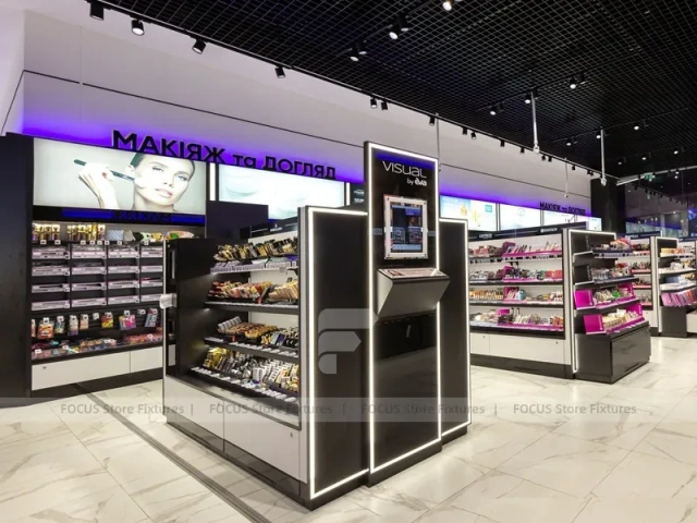 Black and Bronze Beauty Supply Feature Wall Shelving for Wig Shop