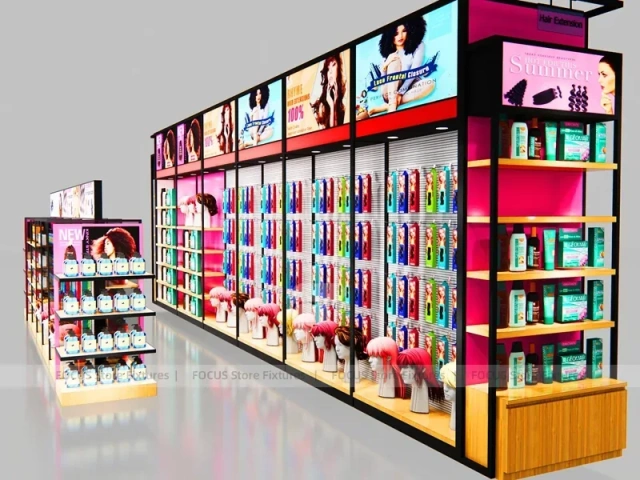 Black and Pink Beauty Supply Perimeter Wall with Center Endcap for Wig Shop