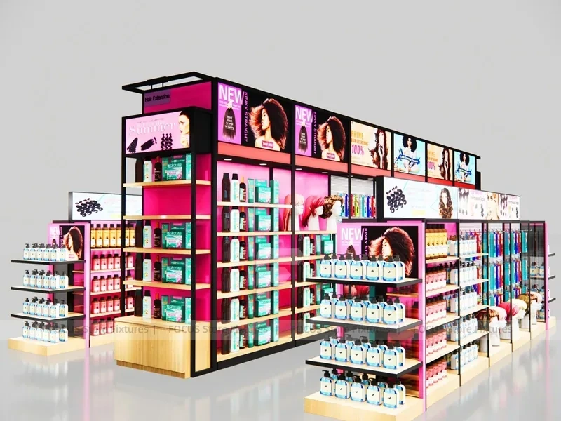 Black and Pink Beauty Supply Perimeter Wall with Center Endcap for Wig Shop