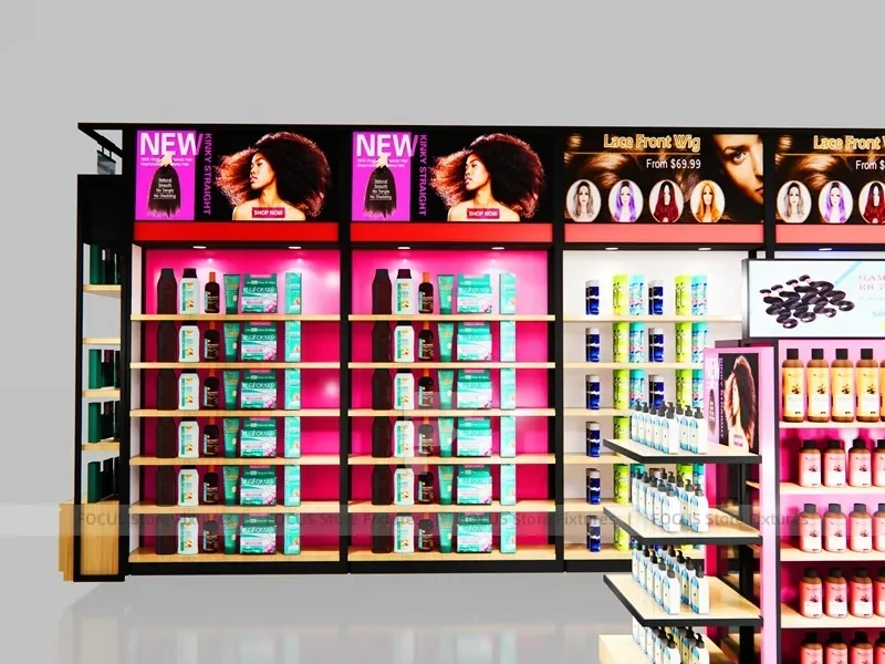 Black and Pink Beauty Supply Perimeter Wall with Center Endcap for Wig Shop