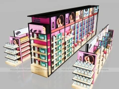 Black and Pink Beauty Supply Perimeter Wall with Center Endcap for Wig Shop