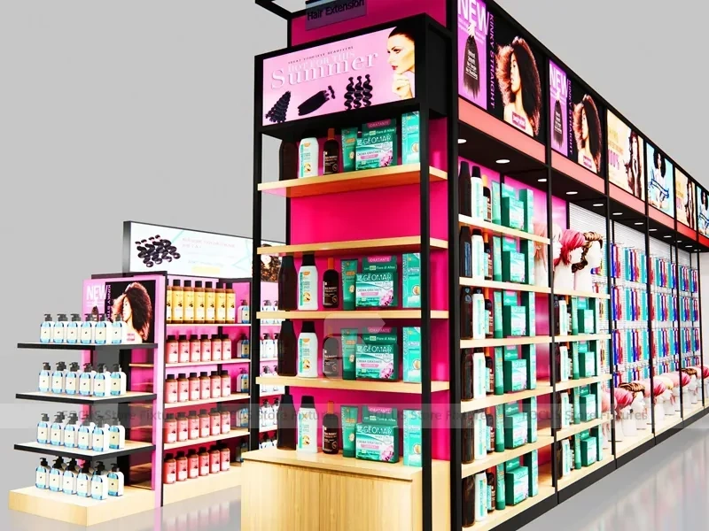 Black and Pink Beauty Supply Perimeter Wall with Center Endcap for Wig Shop