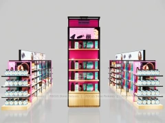Black and Pink Beauty Supply Perimeter Wall with Center Endcap for Wig Shop