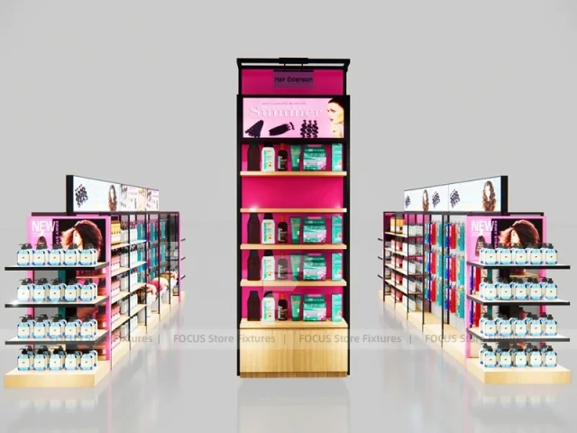 Black and Pink Beauty Supply Perimeter Wall with Center Endcap for Wig Shop