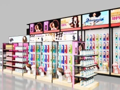 Black and Pink Beauty Supply Perimeter Wall with Center Endcap for Wig Shop