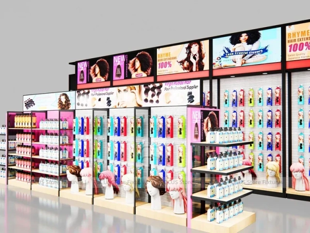 Black and Pink Beauty Supply Perimeter Wall with Center Endcap for Wig Shop