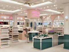 Classic Beauty Boutique Corner with Green Island and Perimeter Shelves for Wig Shop