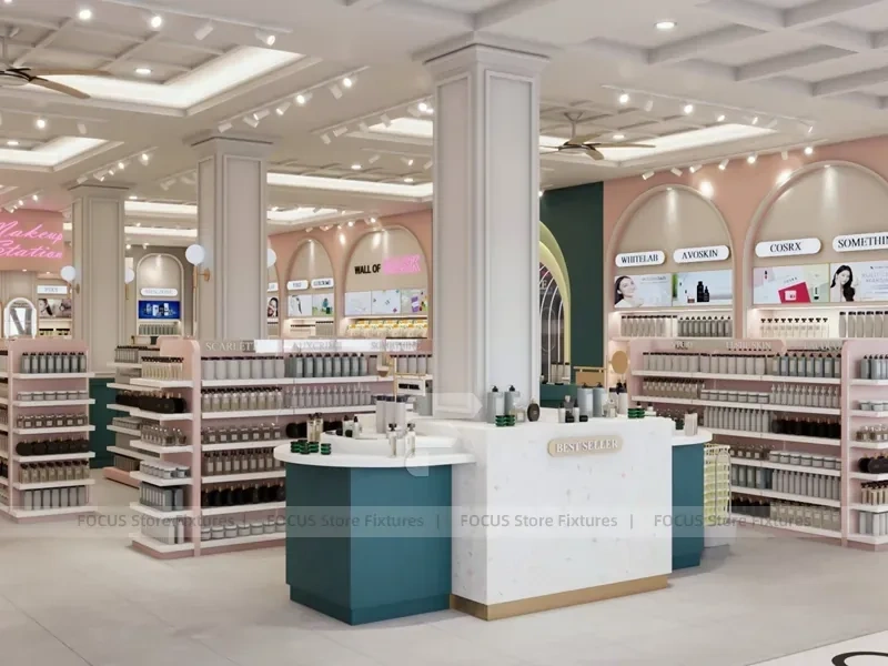 Classic Beauty Boutique Corner with Green Island and Perimeter Shelves for Wig Shop