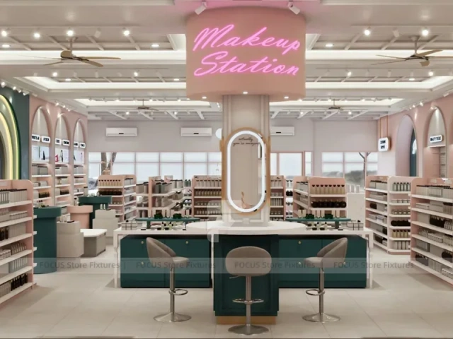 Classic Beauty Boutique Corner with Green Island and Perimeter Shelves for Wig Shop