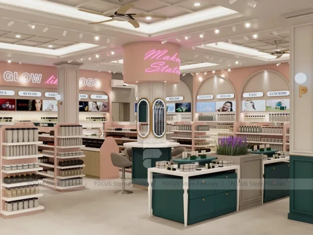 Classic Beauty Boutique Corner with Green Island and Perimeter Shelves for Wig Shop