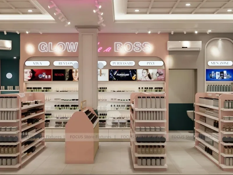Classic Beauty Boutique Corner with Green Island and Perimeter Shelves for Wig Shop