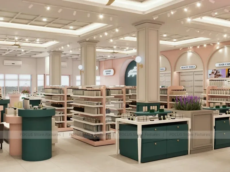 Classic Beauty Boutique with Green Cash Wrap Islands and Arches for Wig Shop