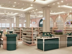 Classic Beauty Boutique with Green Cash Wrap Islands and Arches for Wig Shop