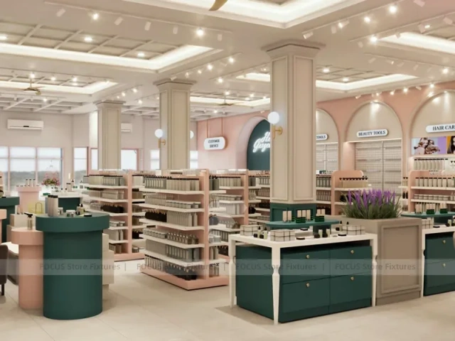 Classic Beauty Boutique with Green Cash Wrap Islands and Arches for Wig Shop